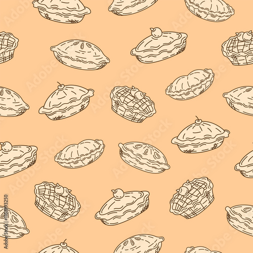 Pie seamless pattern. Hand drawn pie cake sketch on cream color background. Apple pie motif. Pastry, bakery wallpaper, wrap. print, packaging