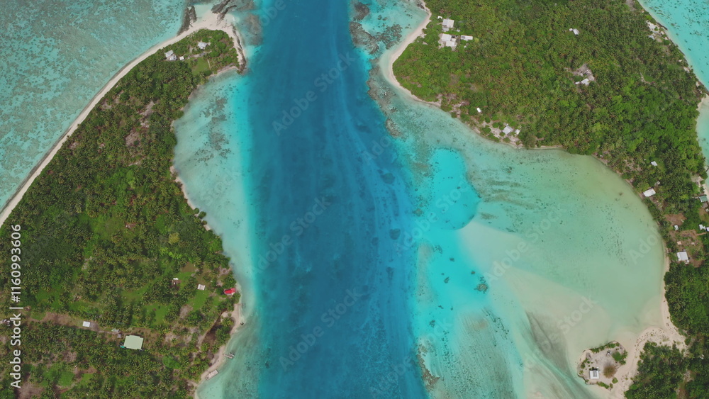 Breathtaking aerial top down view of water channel bay entrance to the lagoon Maupiti island in French Polynesia, vibrant coral reefs, and lush green vegetation, creating a stunning tropical paradise Breathtaking aerial top down view of water channel bay entrance to the lagoon Maupiti island in French Polynesia, vibrant coral reefs, and lush green vegetation, creating a stunning tropical paradise