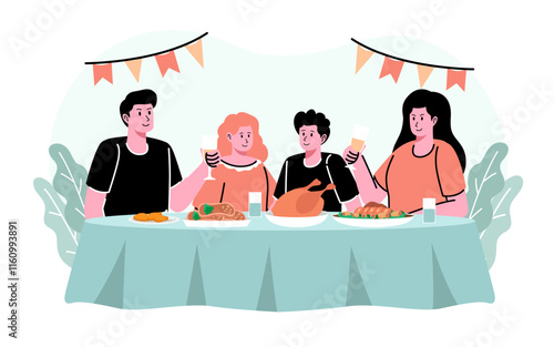 Flat illustration for Thanksgiving celebration with people having food and drinks
