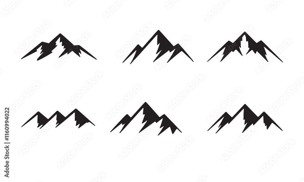 Fototapeta premium Minimalist Mountain Silhouettes Vector Set - Black and White Peaks, Adventure and Nature Inspired Graphic Designs for Outdoors and Hiking Themes..