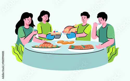 Flat illustration for Thanksgiving celebration with people having food and drinks