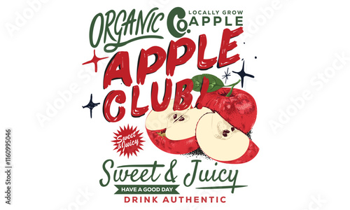 Sweet and juicy apple fruit artwork. Fresh apple fruit print. Nature fruit print design. Organic food artwork for for t-shirt. Fruit vintage t-shirt design.