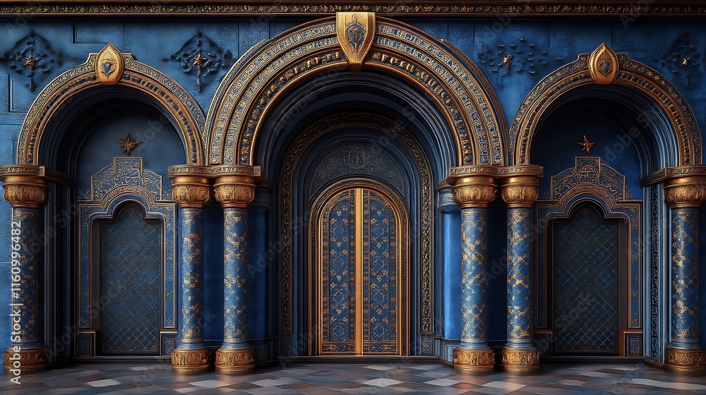 Obraz premium Ornate Blue Palace Entrance with Gilded Columns and Arches