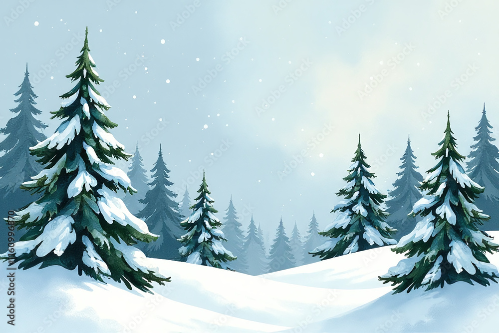 Obraz premium winter scenery features christmas fir trees beautiful watercolor coniferous forest illustration snow outdoor
