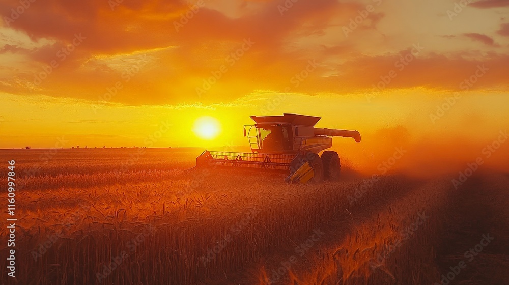 Combine Harvester in Sunset Field During Autumn Harvesting Season Combine Harvester in Sunset Field During Autumn Harvesting Season
