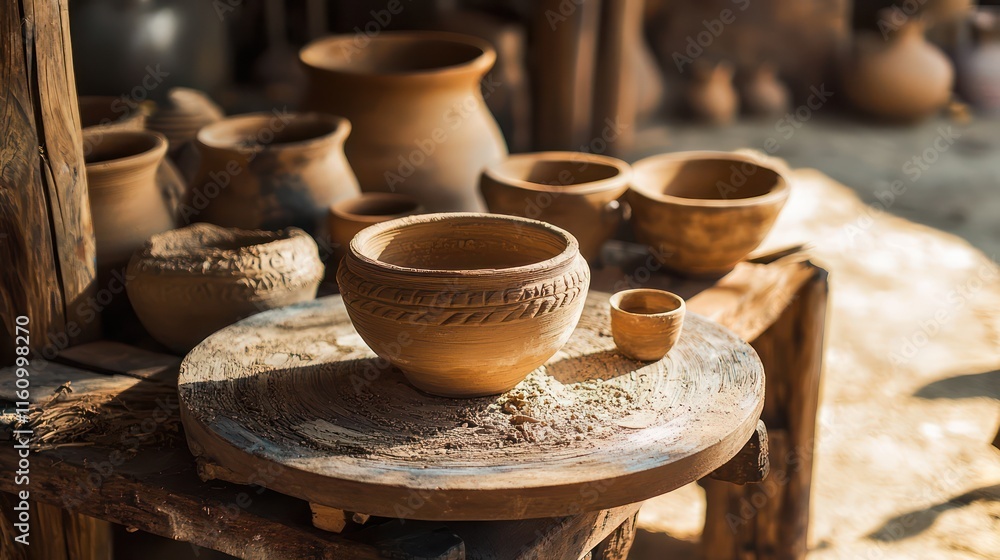 A wooden pottery wheel, reminiscent of ancient techniques, used for making replicas. A wooden pottery wheel, reminiscent of ancient techniques, used for making replicas.