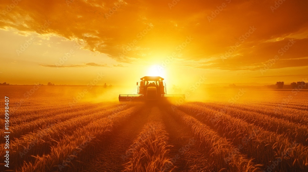 Combine Harvester in Sunset Field During Autumn Harvesting Season Combine Harvester in Sunset Field During Autumn Harvesting Season