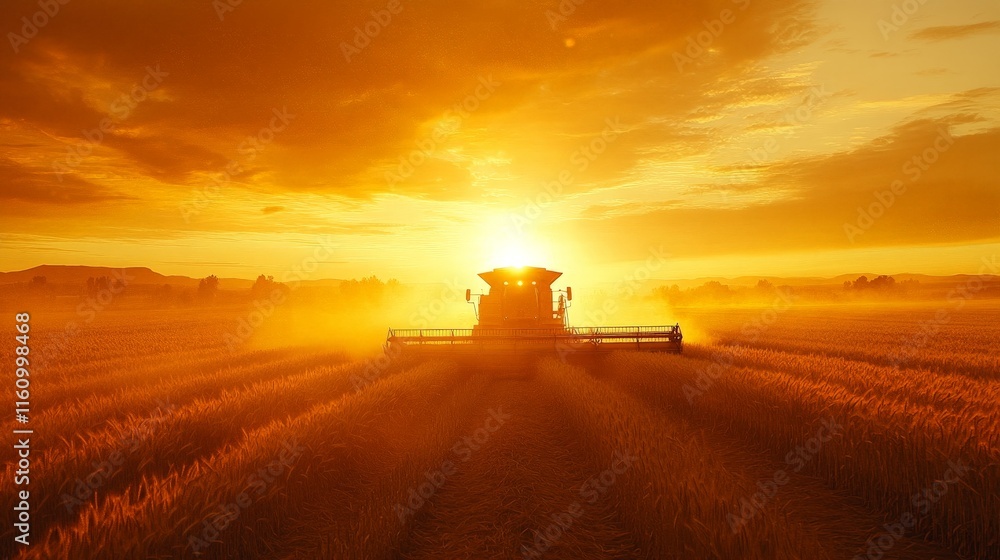 Combine Harvester in Sunset Field During Autumn Harvesting Season Combine Harvester in Sunset Field During Autumn Harvesting Season