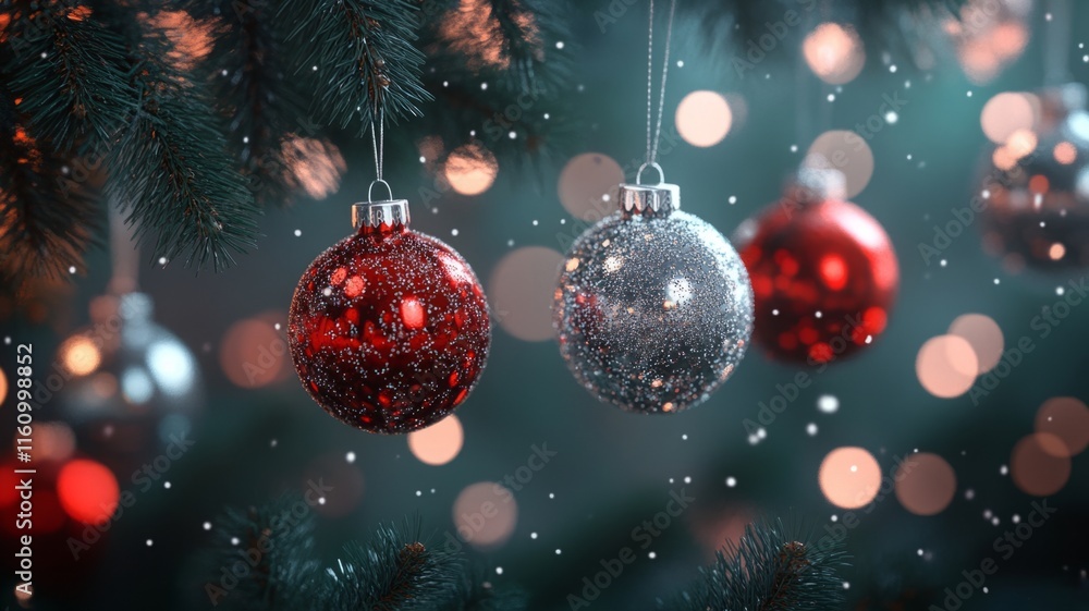 Festive Christmas Ornaments Hanging On A Pine Tree Festive Christmas Ornaments Hanging On A Pine Tree