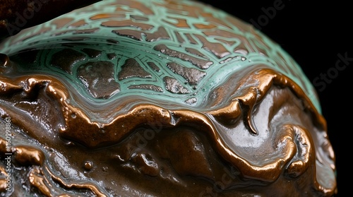 A close-up of a cast bronze sculpture with an old patina finish, dramatic lighting, and intricate texture that shows the ocean photo