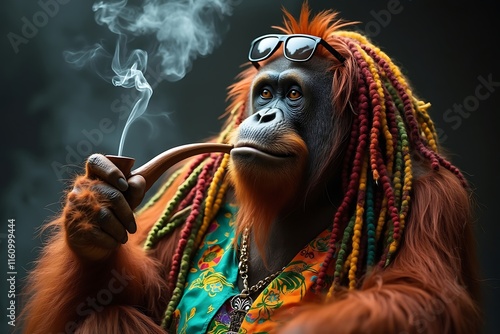 Stylish Orangutan Smoking Pipe With Dreadlocks Colorful Shirt photo