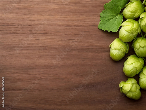 Fresh Hop Cones on Wood Background