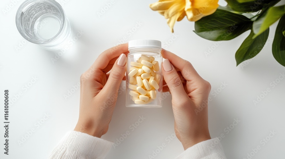 Obraz premium Hands holding a bottle of yellow capsules with a glass of water nearby