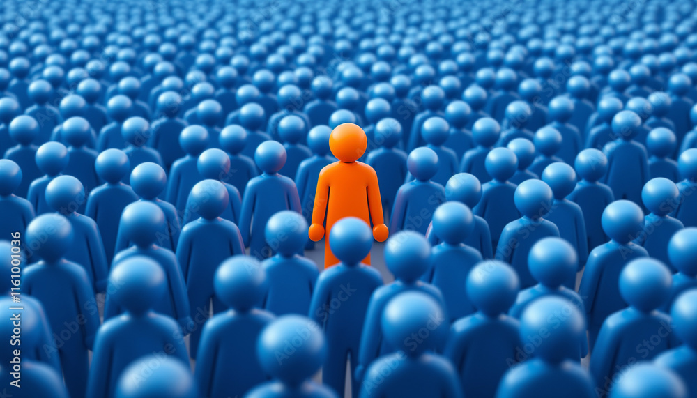 Obraz premium Unique figure stands out in a sea of blue silhouettes representing individuality and distinctiveness in a crowded setting