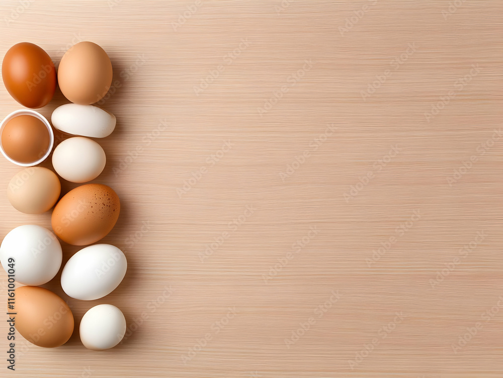 Brown and White Eggs on Wood Background Brown and White Eggs on Wood Background