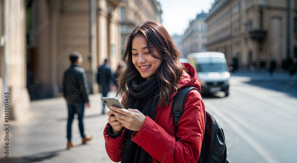 Smiling young woman in a red jacket using a smartphone on a city street with pedestrians and vehicles in the background