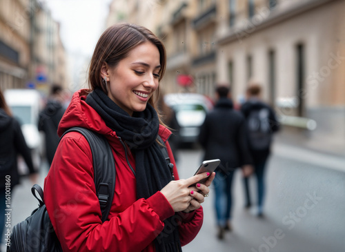 Smiling young woman in a red jacket using a smartphone on a city street with pedestrians and vehicles in the background