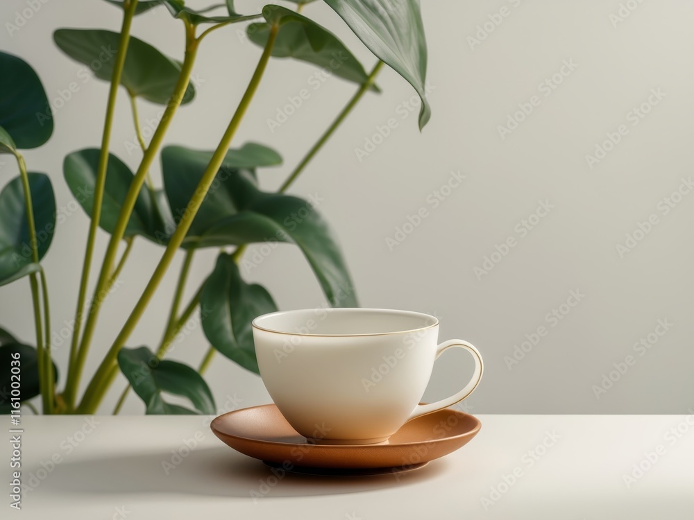 A white cup with a brown saucer sits on a table in front of a plant A white cup with a brown saucer sits on a table in front of a plant
