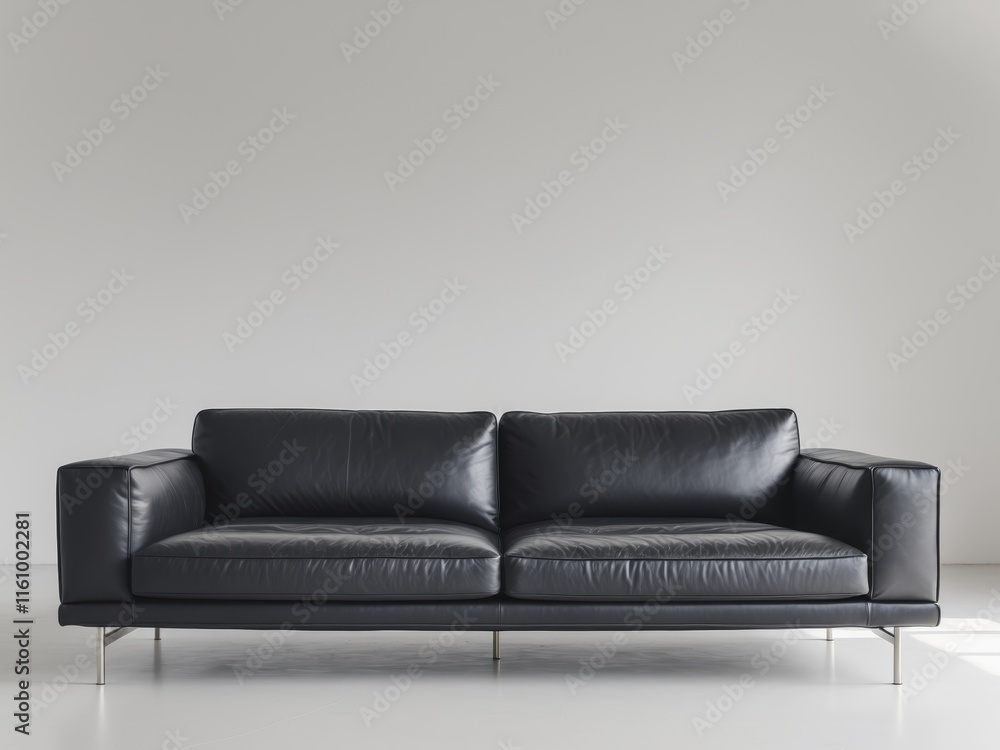 Fototapeta premium A black couch is sitting on a white floor