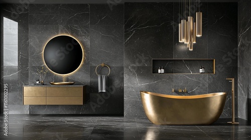 Luxurious modern bathroom with gold bathtub and vanity.