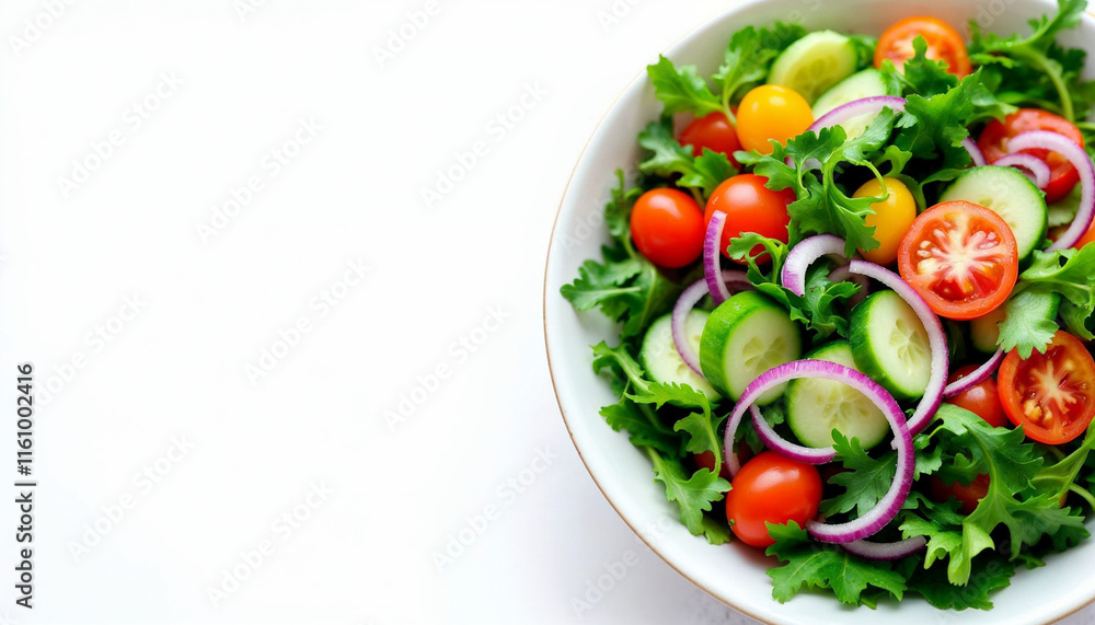 Fresh salad with cherry tomatoes, cucumbers, and red onions prepared in a white bowl Fresh salad with cherry tomatoes, cucumbers, and red onions prepared in a white bowl