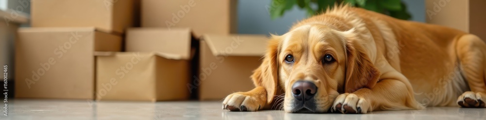 Golden retriever rests near stacked cardboard boxes, dog, canis familiaris Golden retriever rests near stacked cardboard boxes, dog, canis familiaris