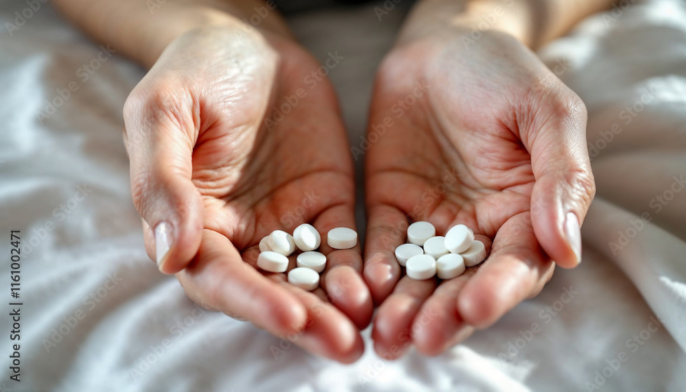 Hands holding white pills on a soft surface indicating medication usage and health management Hands holding white pills on a soft surface indicating medication usage and health management