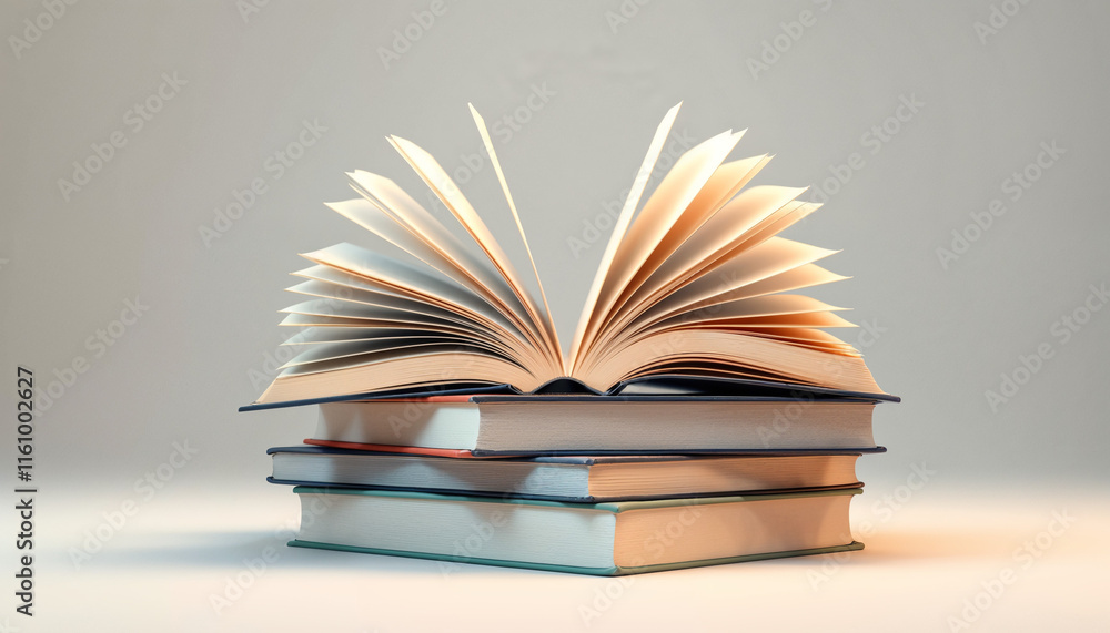 Fototapeta premium Open book resting on a stack of closed books under soft lighting in a serene environment