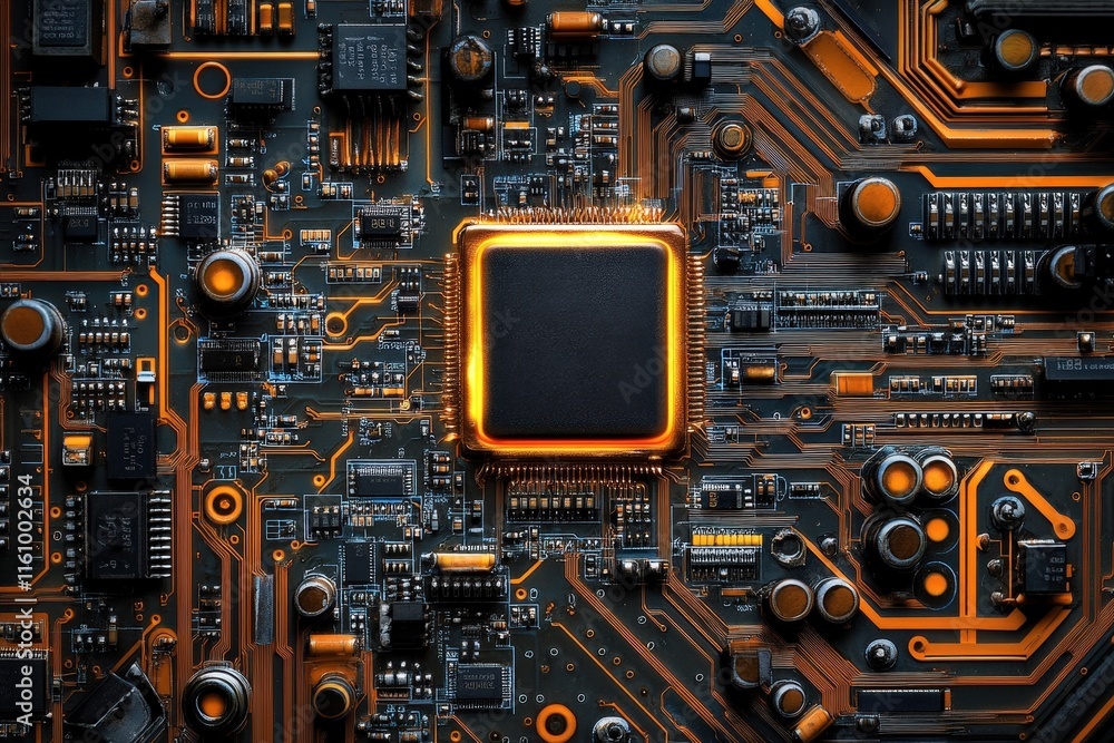 Fototapeta premium Close-up of a computer circuit board with a glowing processor