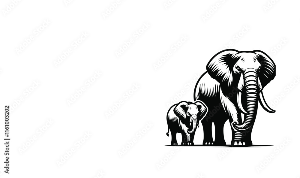 Obraz premium Elephant Black and White Vector Illustration, Mother and Baby Elephant Vector Art Illustration