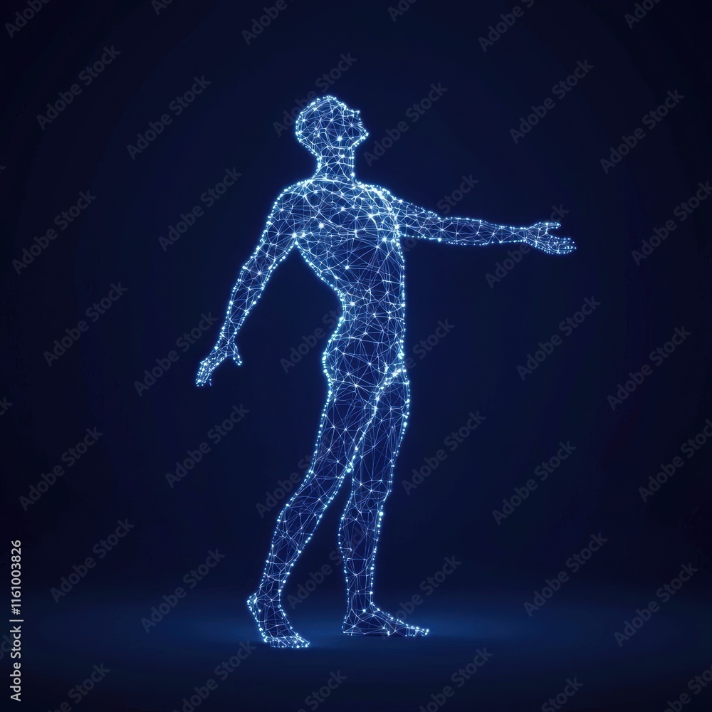 Obraz premium Human silhouette made of glowing lines and dots on dark background
