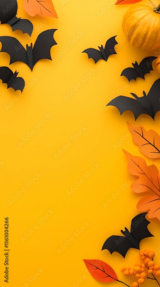 Naklejka premium Halloween Illustration Bats Pumpkins Leaves