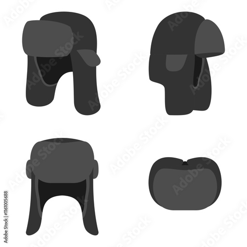 ushanka hat, russian winter hat set vector illustration isolated on white background.