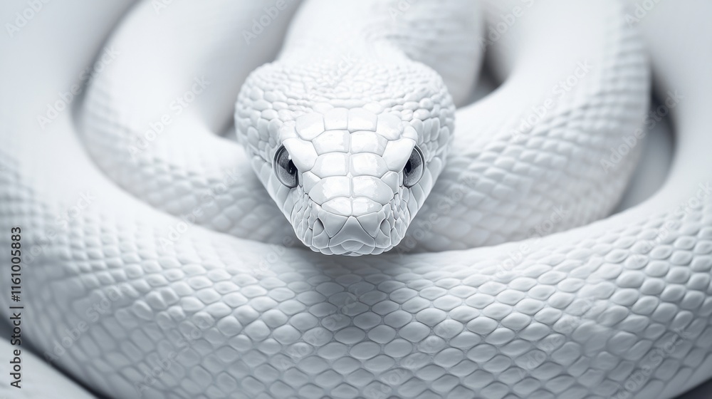 Fototapeta premium White Snake Coiled on a Light Surface with Detailed Textured Skin