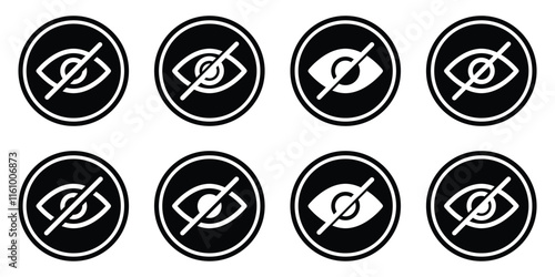 Hide eye icon. Invisible eye hide icon. Invisibility icons. Hidden from view eye crossed symbol vector illustration. Hidden symbol isolated on white background.