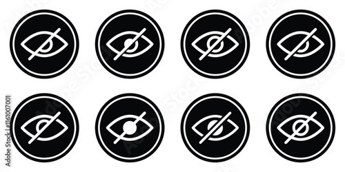 Hide eye icon. Invisible eye hide icon. Invisibility icons. Hidden from view eye crossed symbol vector illustration. Hidden symbol isolated on white background.