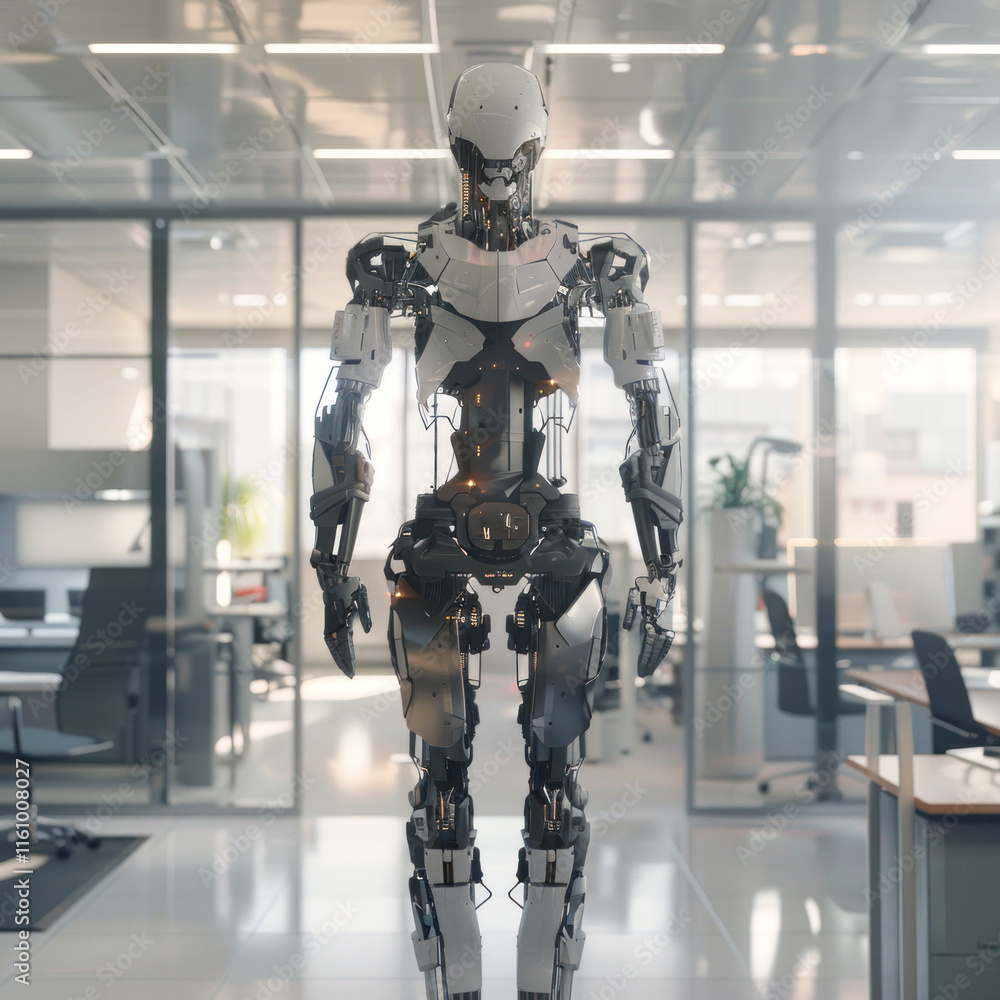 human half robot who is standing in the middle of a office human half robot who is standing in the middle of a office