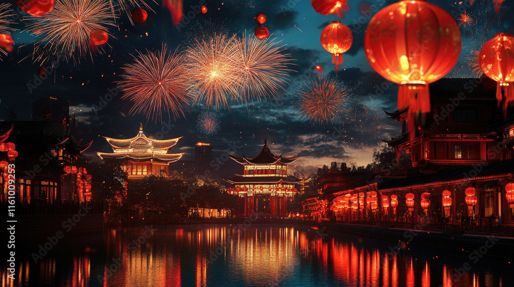 Fototapeta premium Chinese New Year fireworks lighting up the night sky with a glowing temple and festive lanterns, creating a vibrant celebration atmosphere. Banner