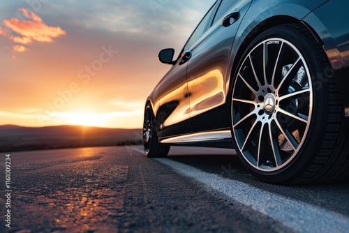 Low angle view of black car on road with sunset in background.