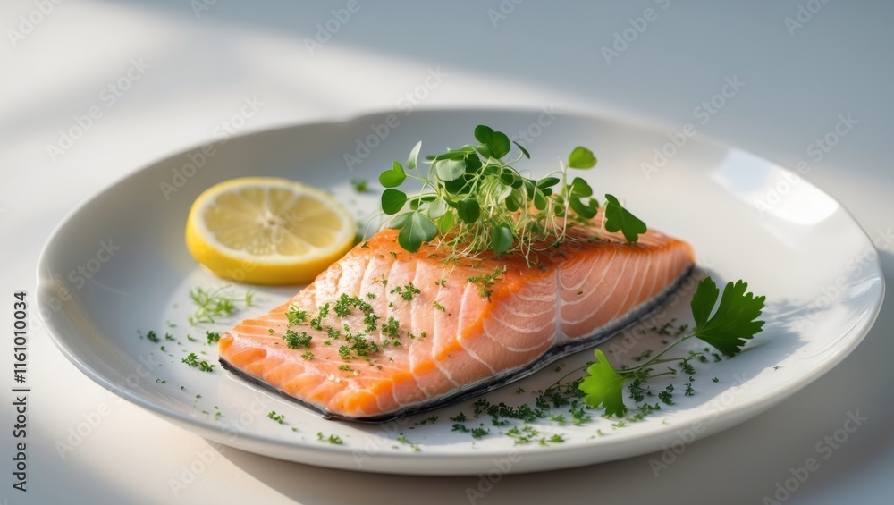 Delicious salmon fillet served elegantly on plate with garnishes Delicious salmon fillet served elegantly on plate with garnishes