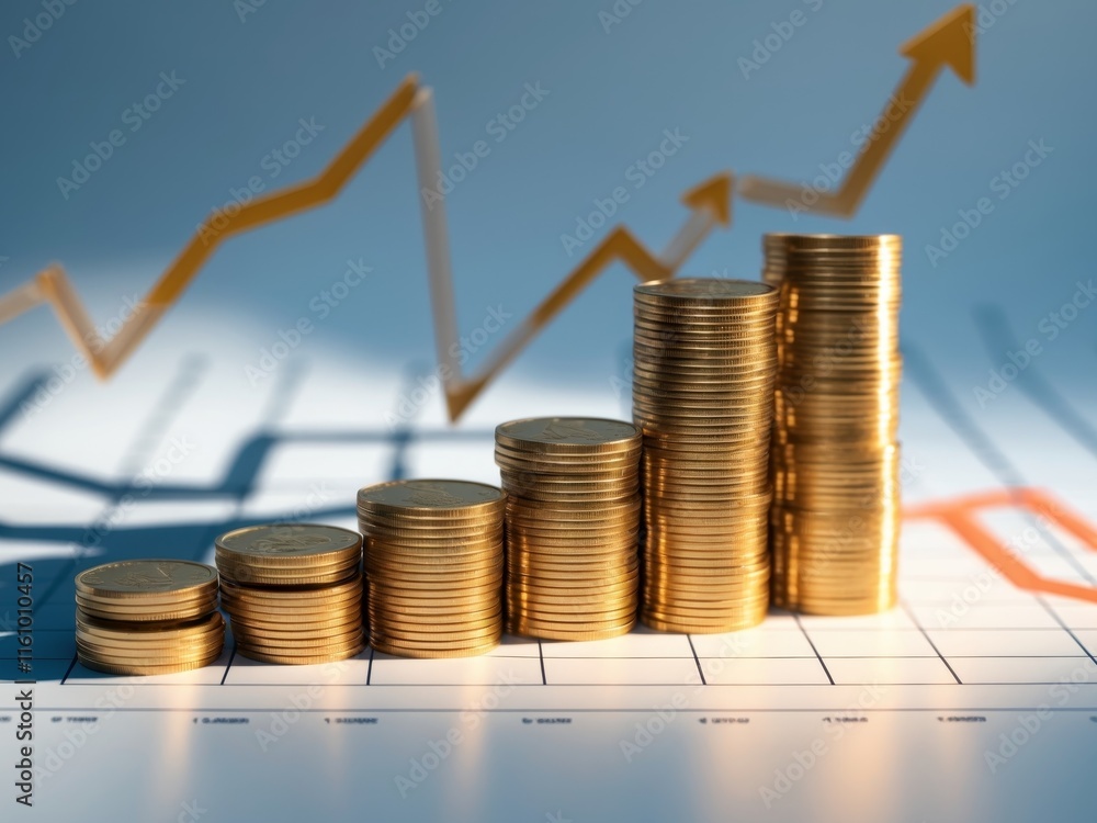 Coins stacked on financial chart showing growth Coins stacked on financial chart showing growth