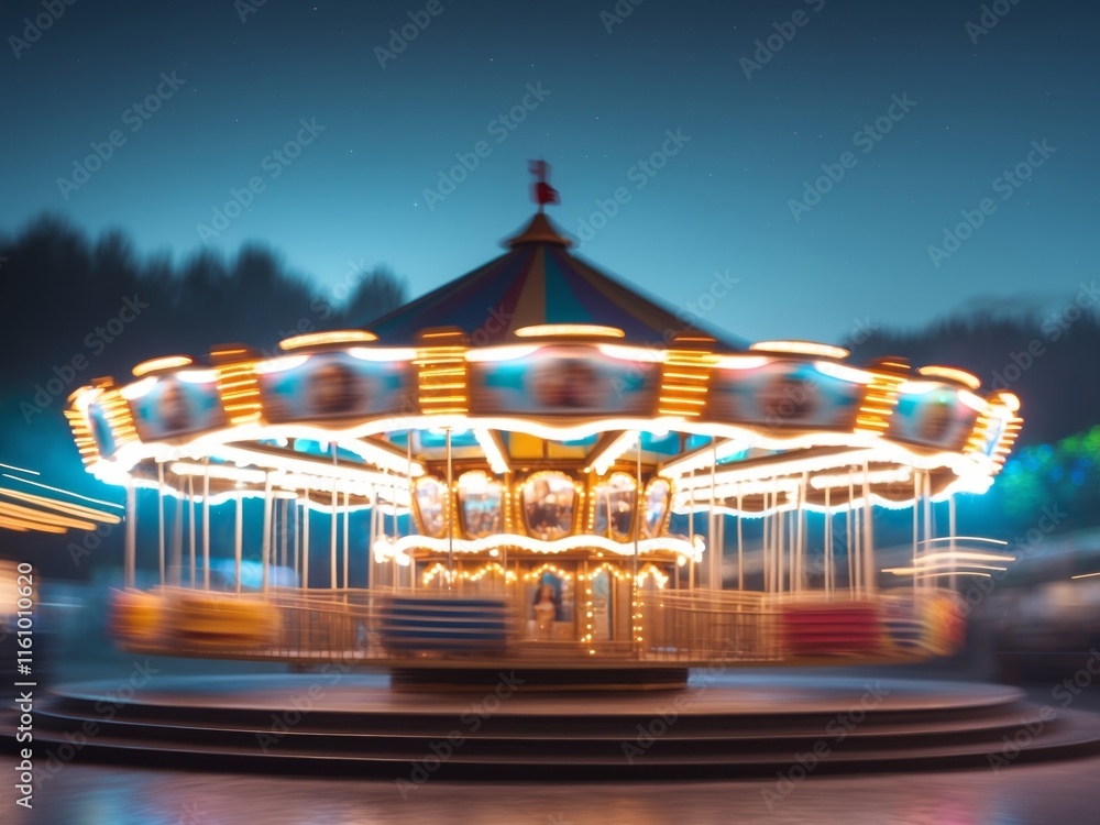Colorful lights illuminate a spinning carousel at night creating a magical atmosphere Colorful lights illuminate a spinning carousel at night creating a magical atmosphere