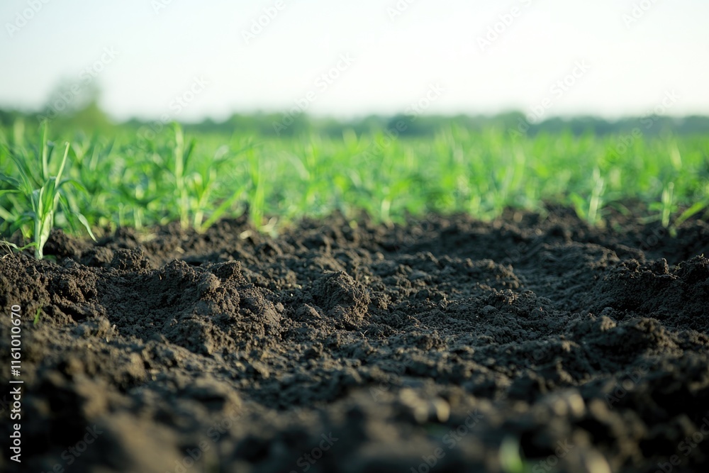 Rich soil foreground with vibrant green sprouts in background, s Rich soil foreground with vibrant green sprouts in background, s