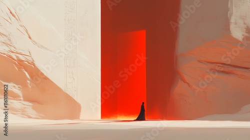 Lone figure stands at Duat's entrance with glowing scales of justice illuminated by Anubis's watchful gaze photo