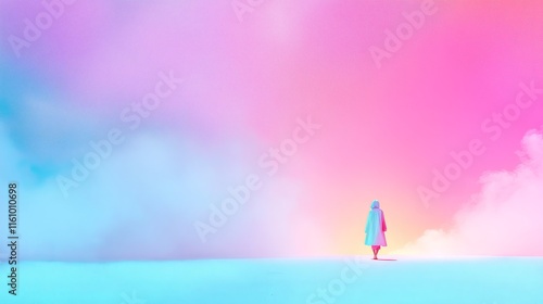 Lone figure traverses endless golden sands illuminated by starlight and a glowing cosmic river in a serene landscape