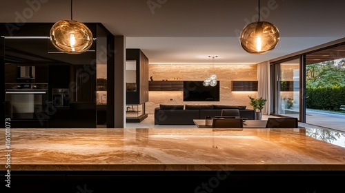 Modern kitchen island with living room view.