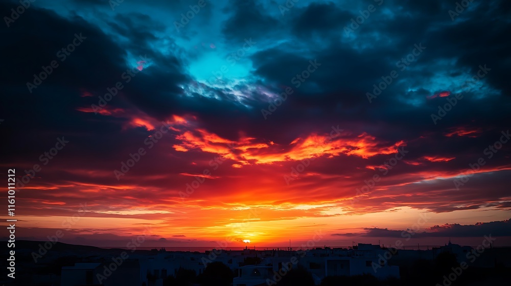 Fototapeta premium Fiery Sunset Over Silhouetted Coastal Town