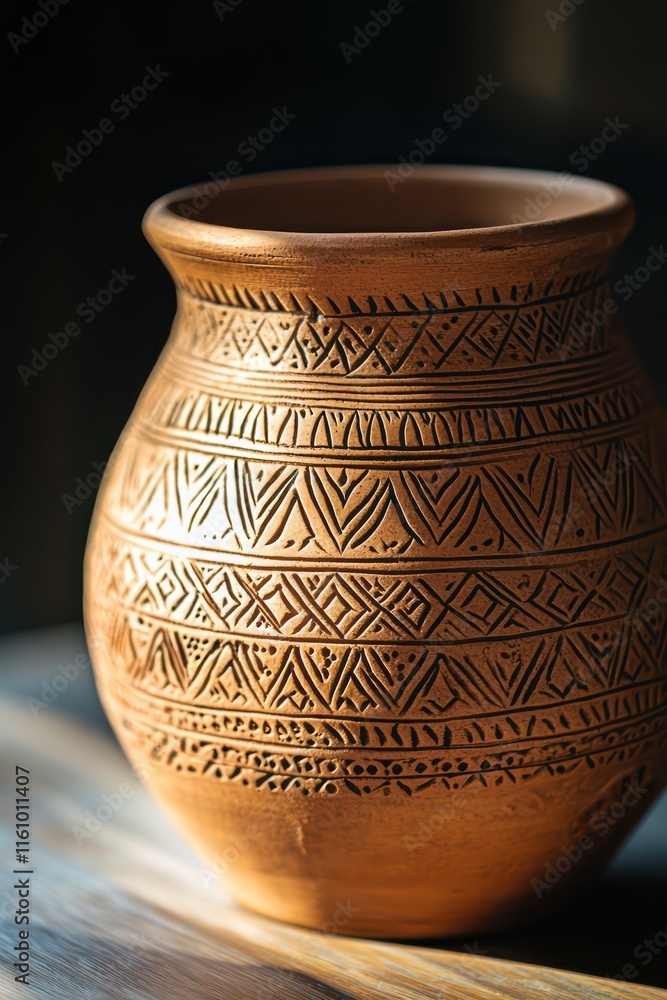 Close-up of traditional engraving on a mud pottery jar, showcasing intricate details. Close-up of traditional engraving on a mud pottery jar, showcasing intricate details.