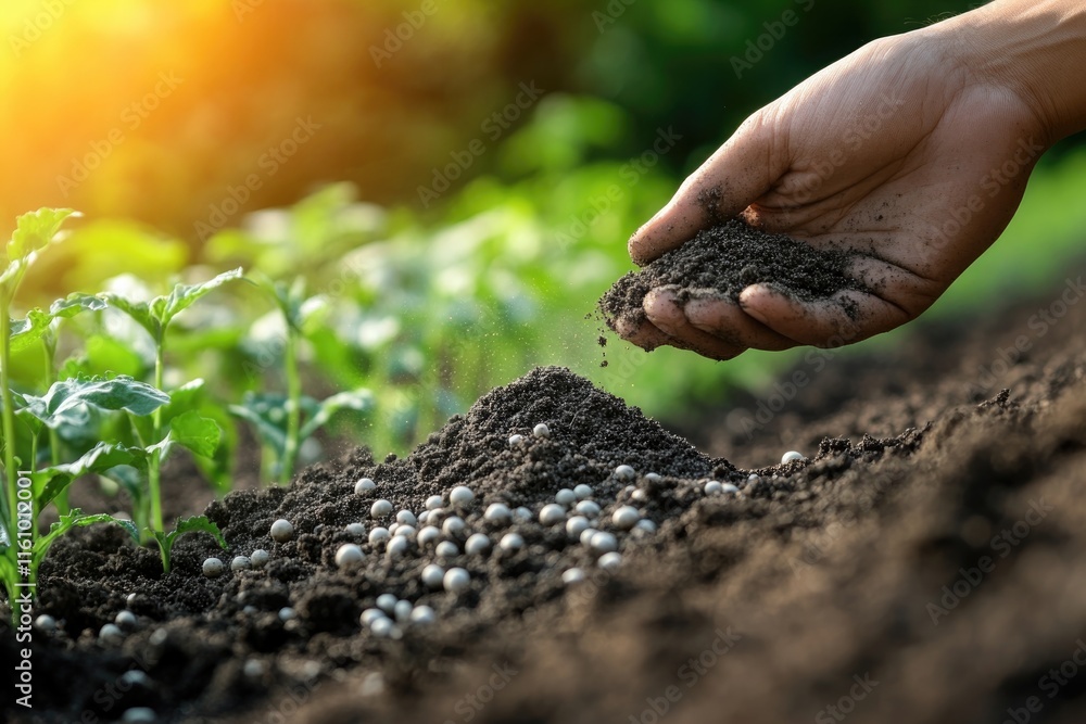 Fototapeta premium Hand sprinkling soil over seedlings in sunlit garden, showcasing