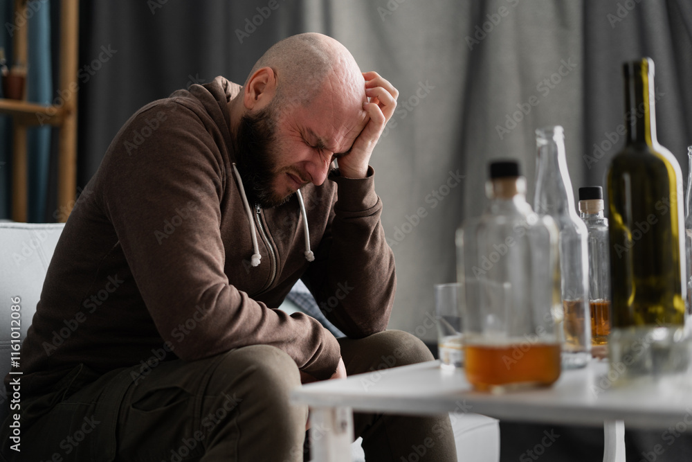 Male drinker depressed from bottle of whiskey. Drink hangover Male drinker depressed from bottle of whiskey. Drink hangover